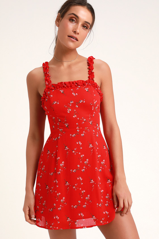 Cute Red Floral Print Dress - Skater ...